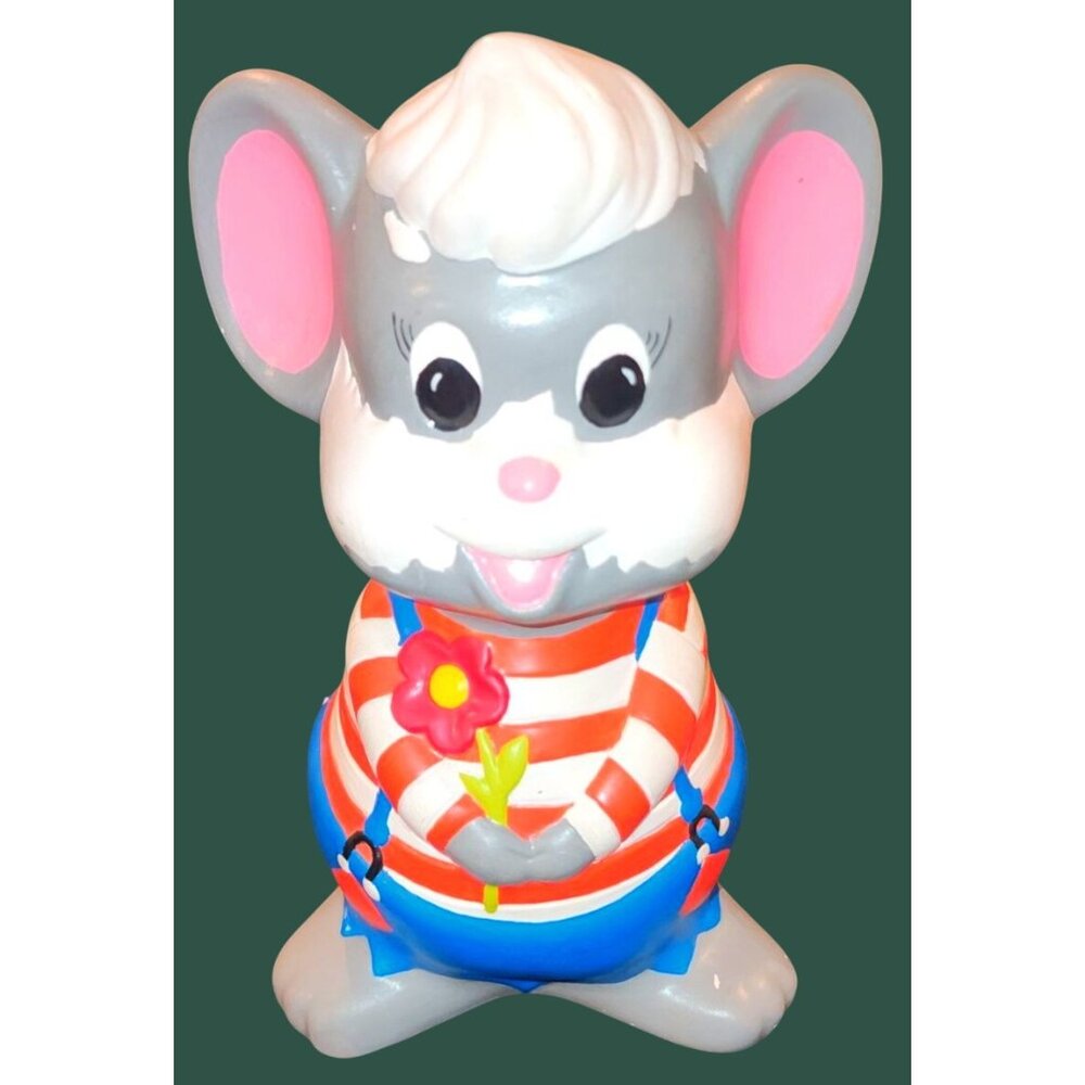 Vintage Mouse Ceramic Coin Bank With Red  White Striped Shirt  Blue Overalls Kit